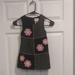 Charming Vintage Corduroy little Girls Black Dress with Pink Floral Design
